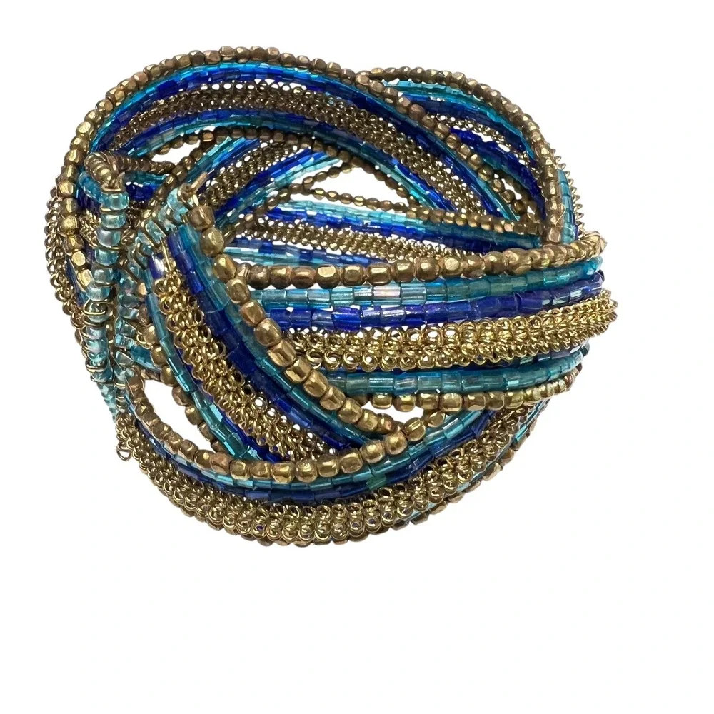 Beaded Cuff Bracelet Blue Gold Tone Statement‎ Bohemian Fashion Jewelry
